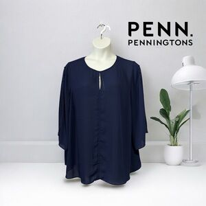 Penningtons, Plus Size Flowy Navy Blouse With 3/4 Sleeves, 2X